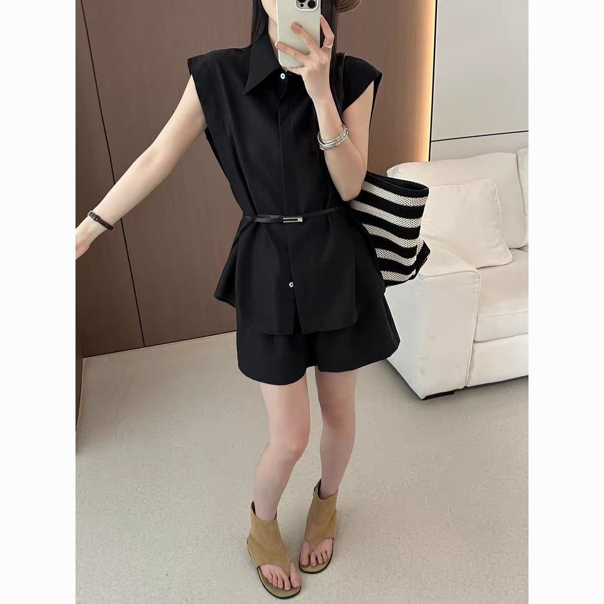 收腰无袖衬衫上衣阔腿短裤套装女夏季新款两件套韩系高级感系腰带