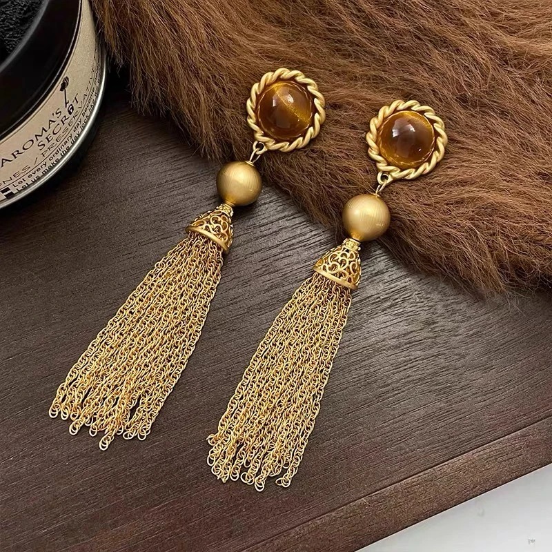 铜合金耳饰 法式重工宫廷风优雅大气金色流苏-572