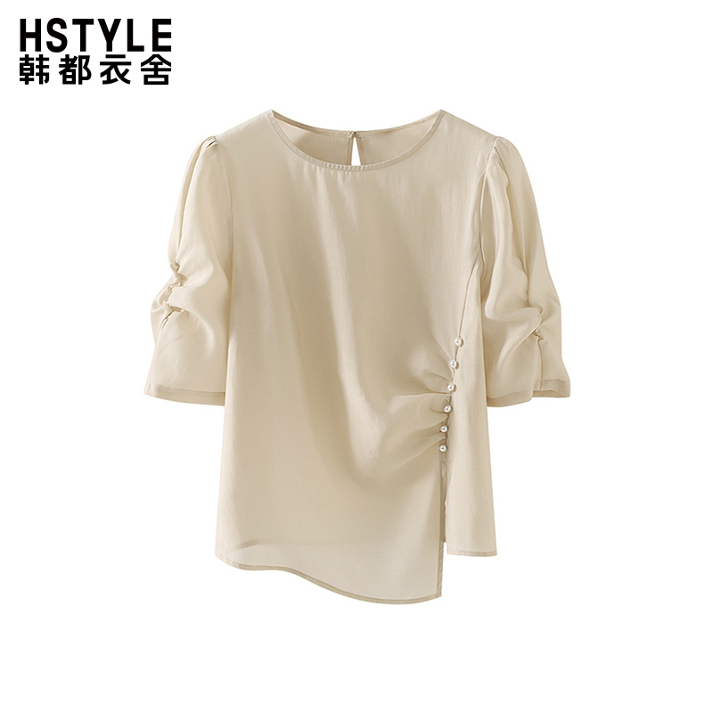 韩都衣舍时尚褶皱设计感五分袖衬衣女小众衬衣别致小衫夏季新款