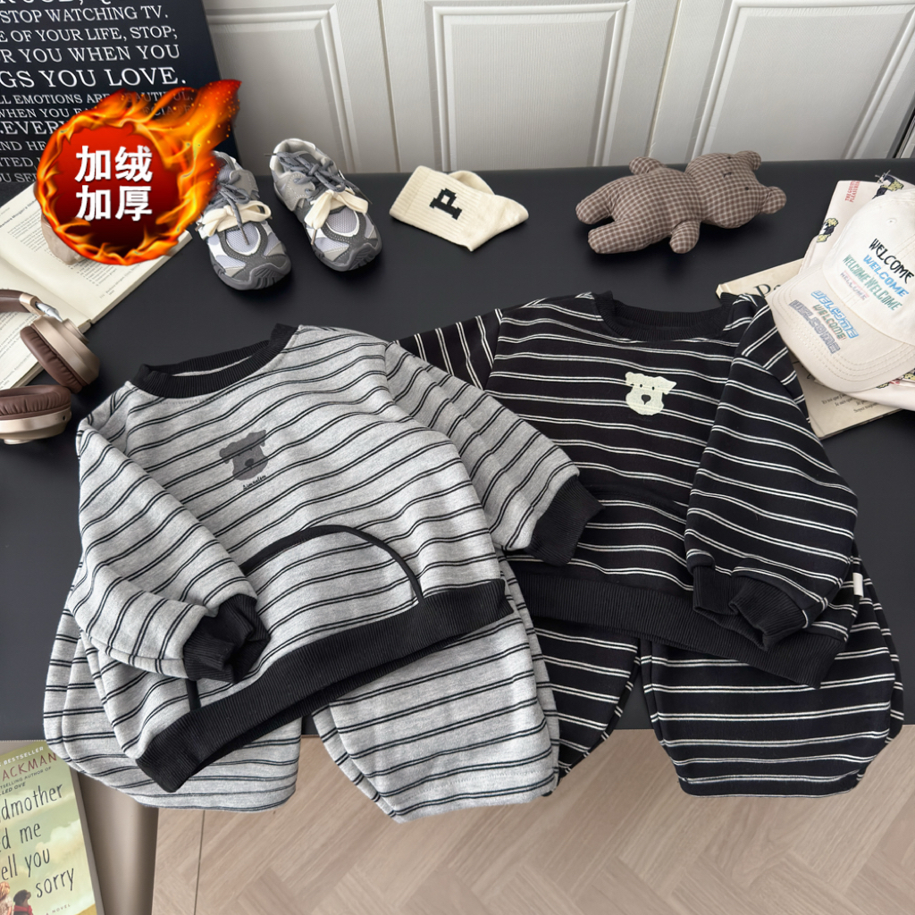 儿童韩系条纹加绒套装休闲运动上衣裤子秋冬卫衣两件套