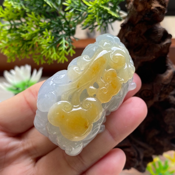 天然A货缅甸翡翠貔貅挂件 冰润黄翡含珠如意貔貅吊坠52-26-27mm