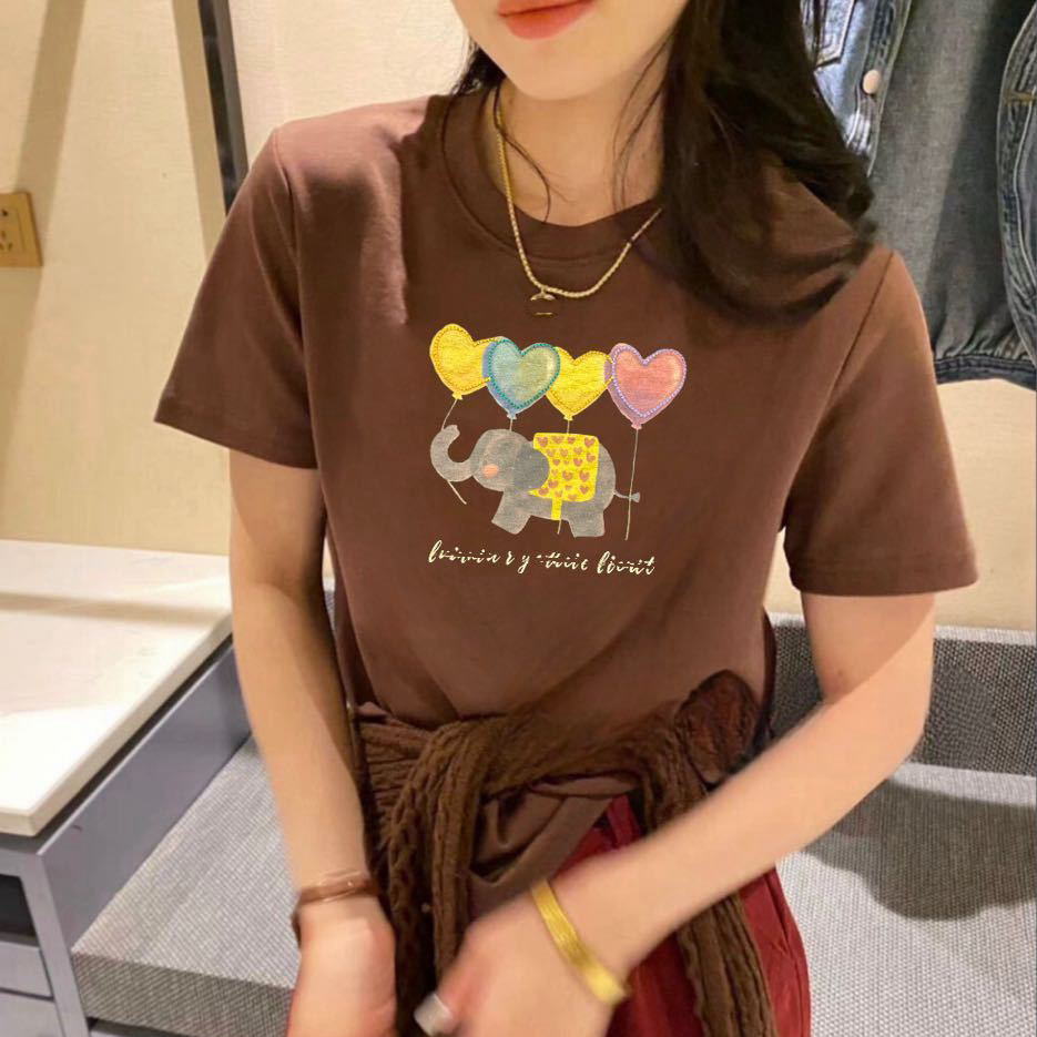 透气常规T恤印花刺绣显瘦圆领法式常规款女士短袖