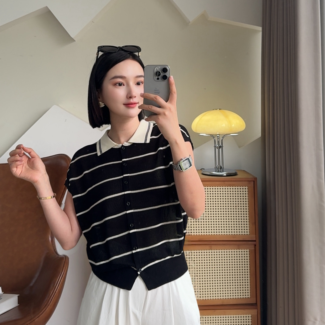 MISS RUILI 定制  夏季设计感polo领条纹短袖针织小衫F0583