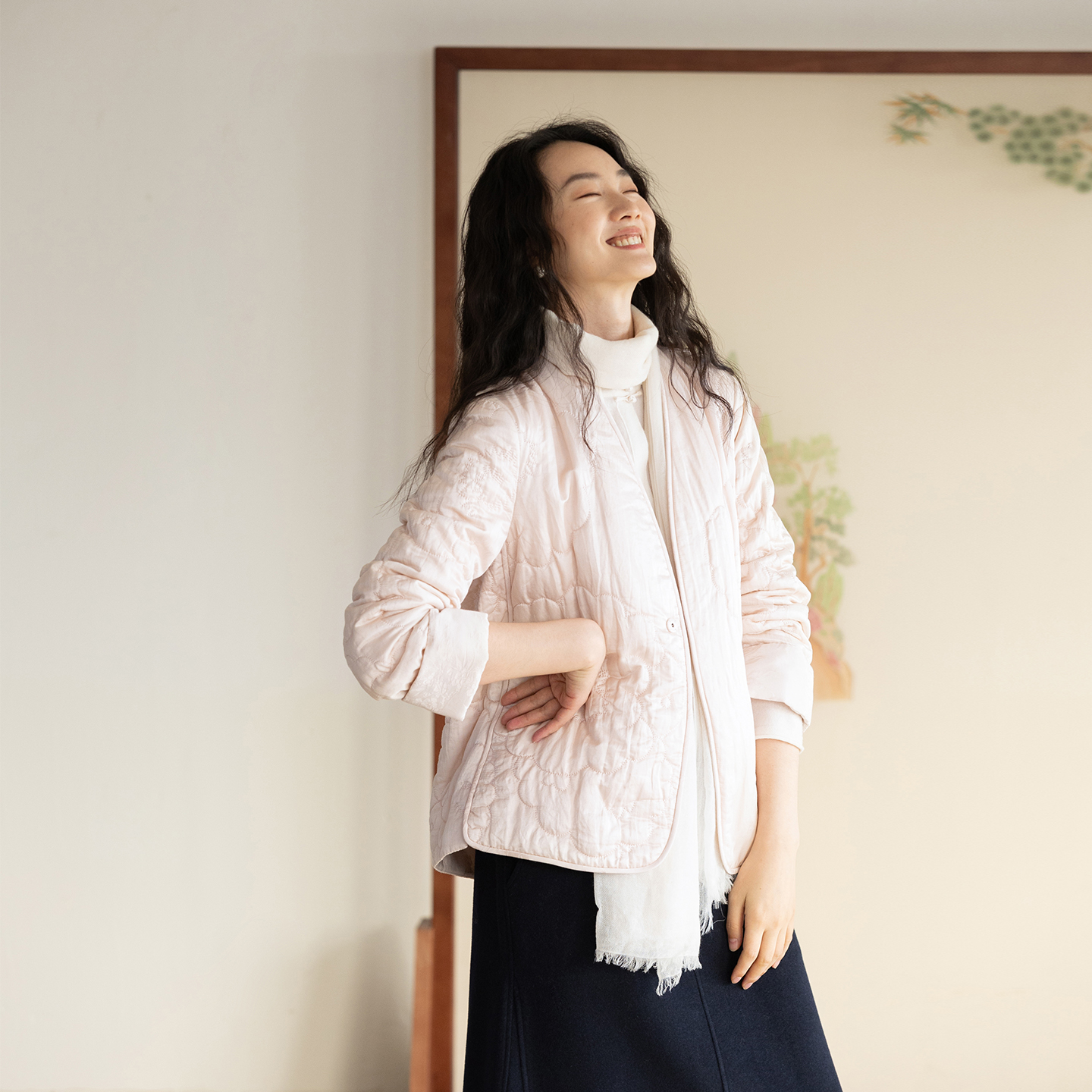 牧衣游原创 机绣丝棉棉衣新款素雅粉色宽松百搭文艺棉服 烟霞渺