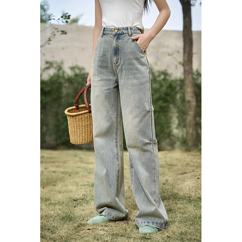 【年末大促】谜秀复古高腰阔腿牛仔裤宽松垂感直筒拖地裤子春秋显瘦