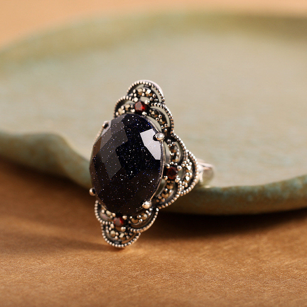 925银戒指 S925银镶切面蓝砂戒指时尚女式百搭开口指环