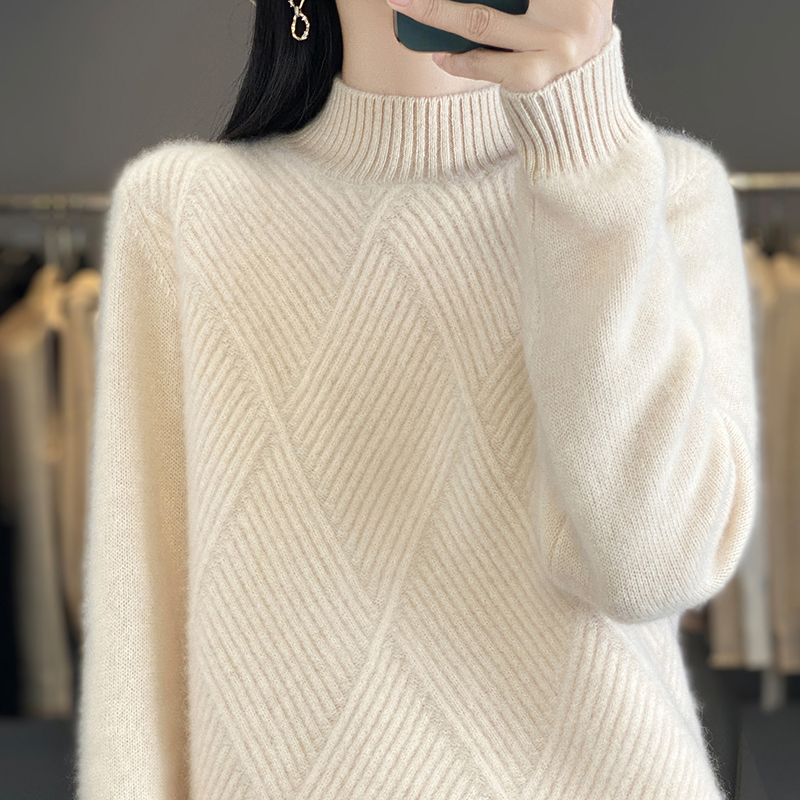 加厚！100%羊毛 半高领慵懒风纯色宽松显瘦针织打底衫毛衣女