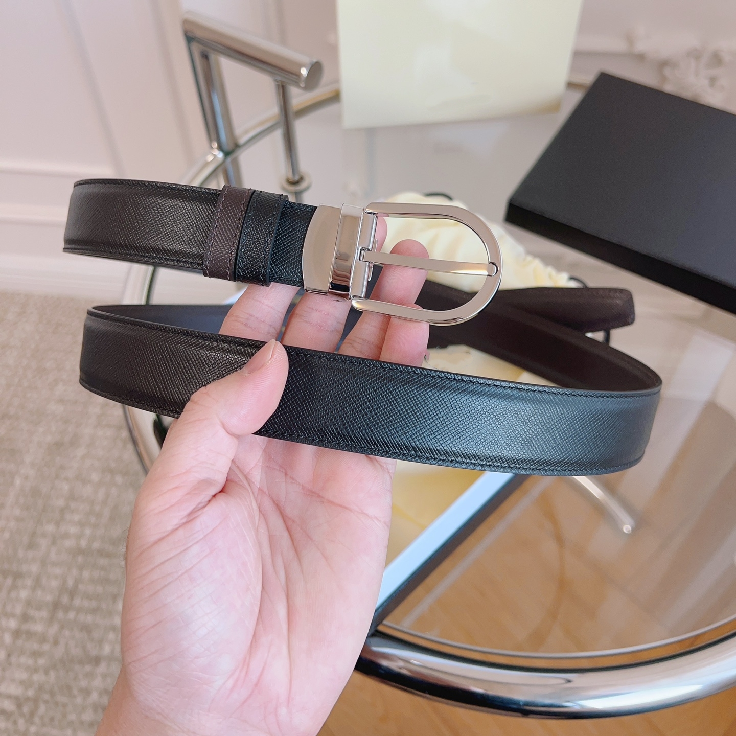 【带扣头】圆头针扣黑咖手掌纹双面穿男士时尚百搭真皮皮带