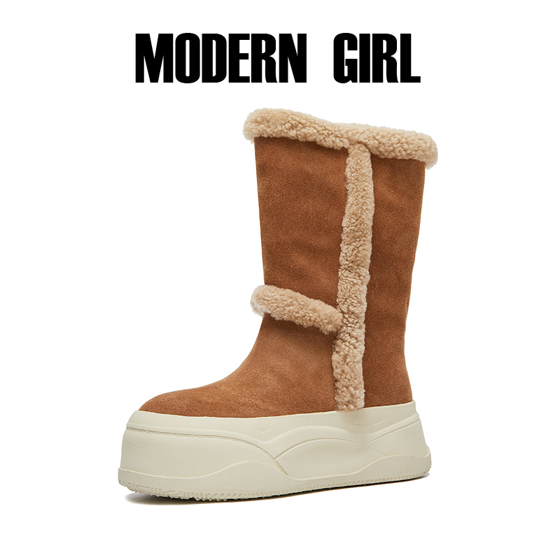2025冬新款厚底女雪地靴中筒靴两穿外翻棉靴 羊毛