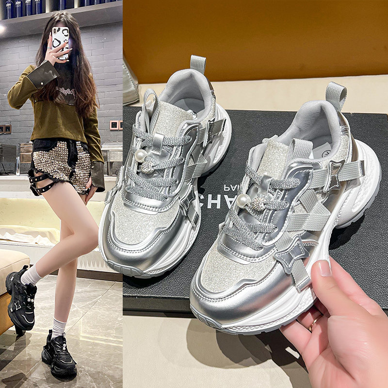 透气老爹鞋女2025春秋新款银色厚底增高休闲鞋百搭潮流复古运动鞋