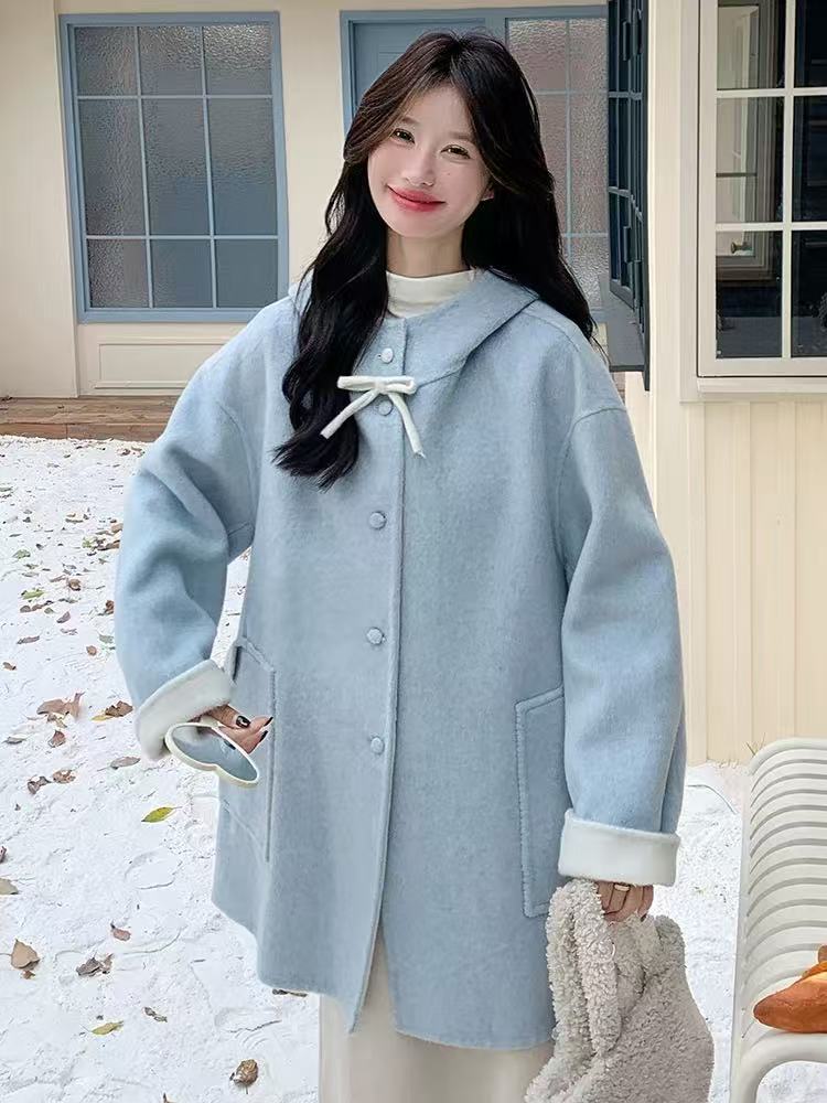 青青大码女装 秋冬韩版学院风时髦双面呢蓝色呢子外套大衣A5181