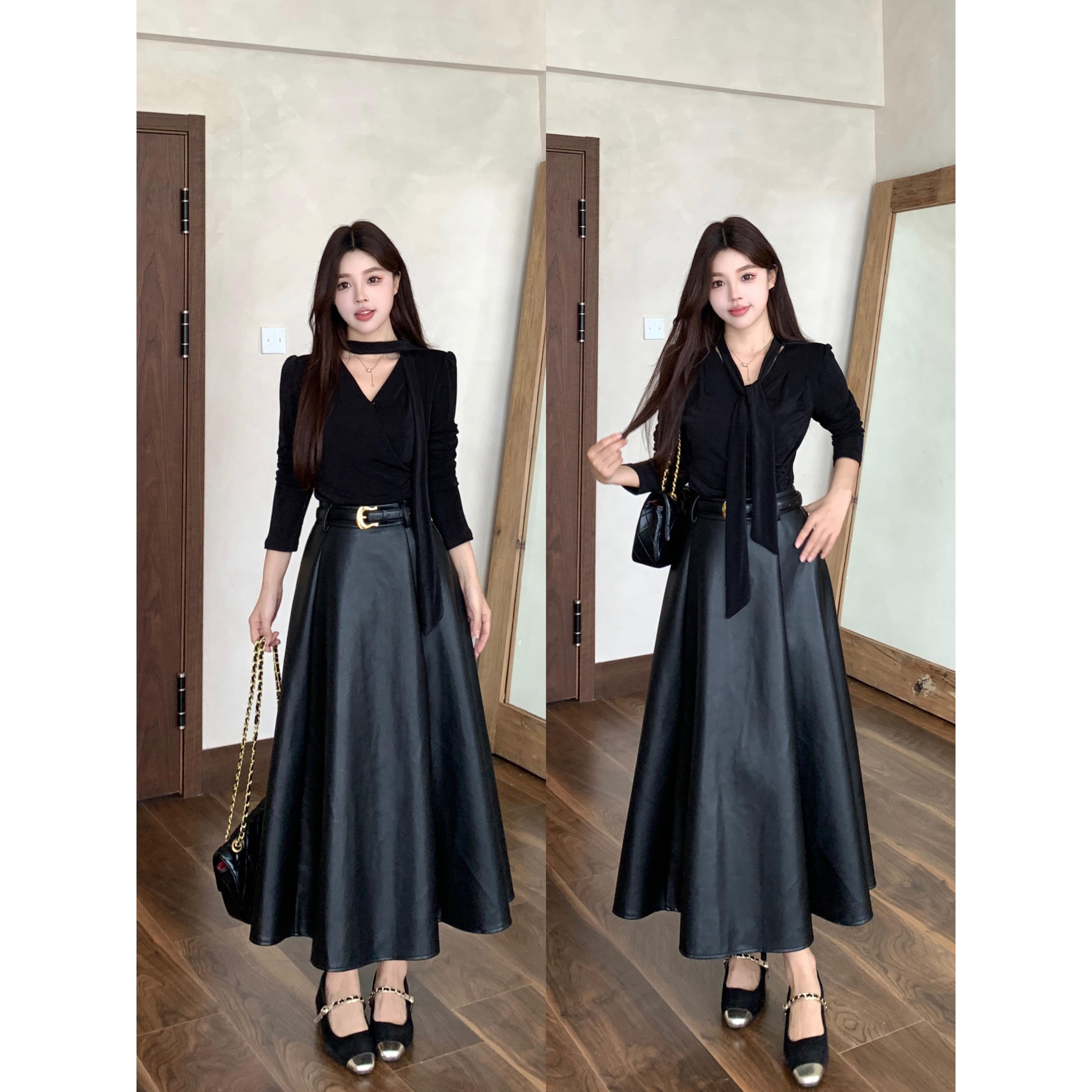 大码秋冬穿搭一整套黑色套装大方得体减龄半身皮裙两件套女