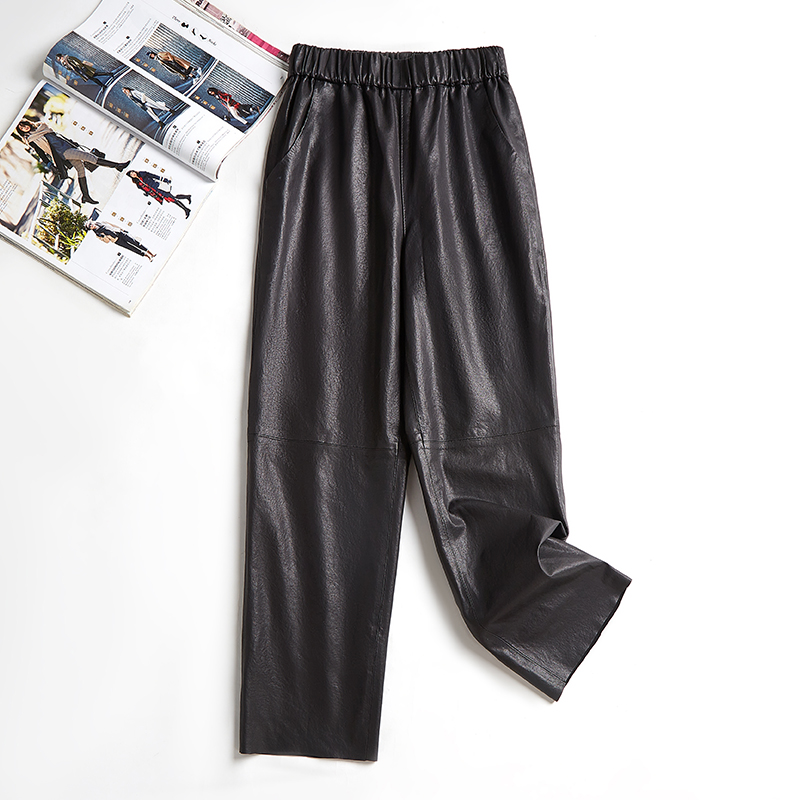 进口全植鞣绵羊皮2025新款宽松显瘦真皮皮裤女阔腿裤松紧要九分裤