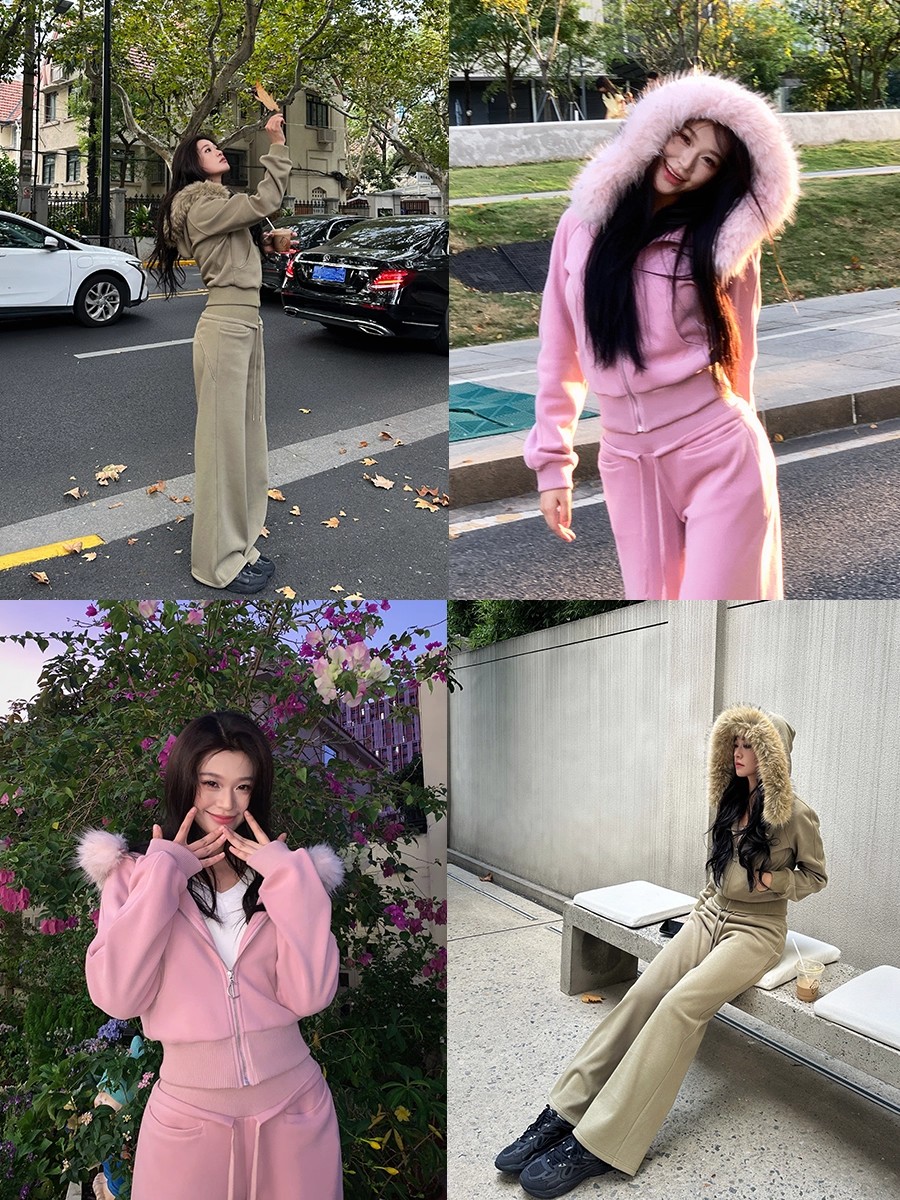 【松弛漫旅】毛领连帽外套女新款加绒保暖显瘦直筒休闲裤套装