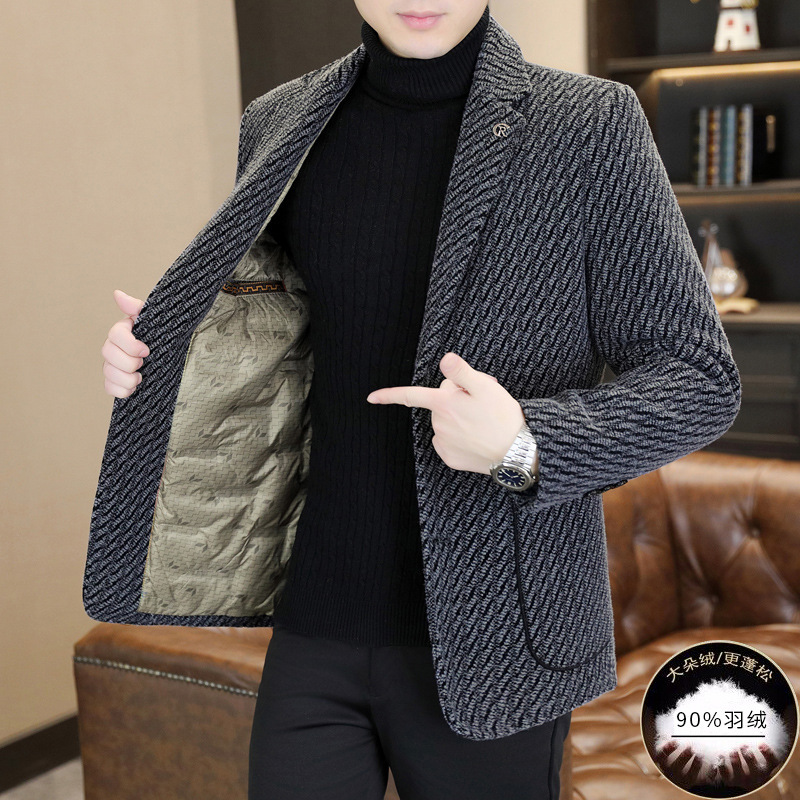 跨境品质高品质冬季中青年雪尼尔短款西服羽绒毛呢男士中长款加厚