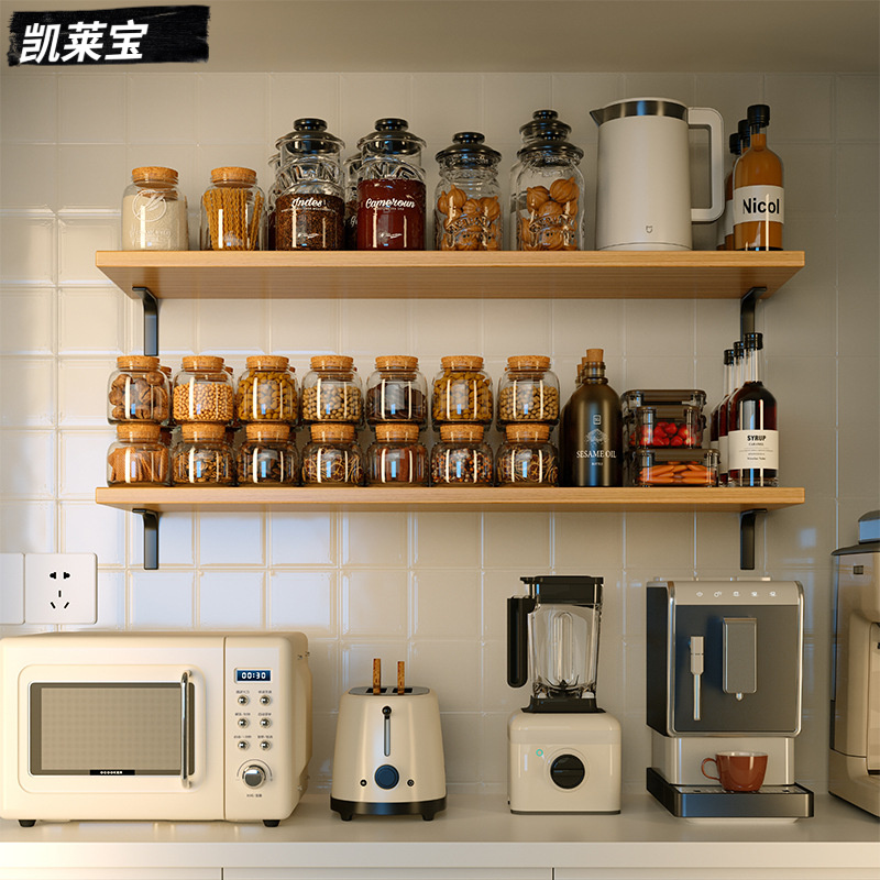 厨房墙上置物架实木壁挂式调料架多功能一字隔板油盐酱醋收纳架子