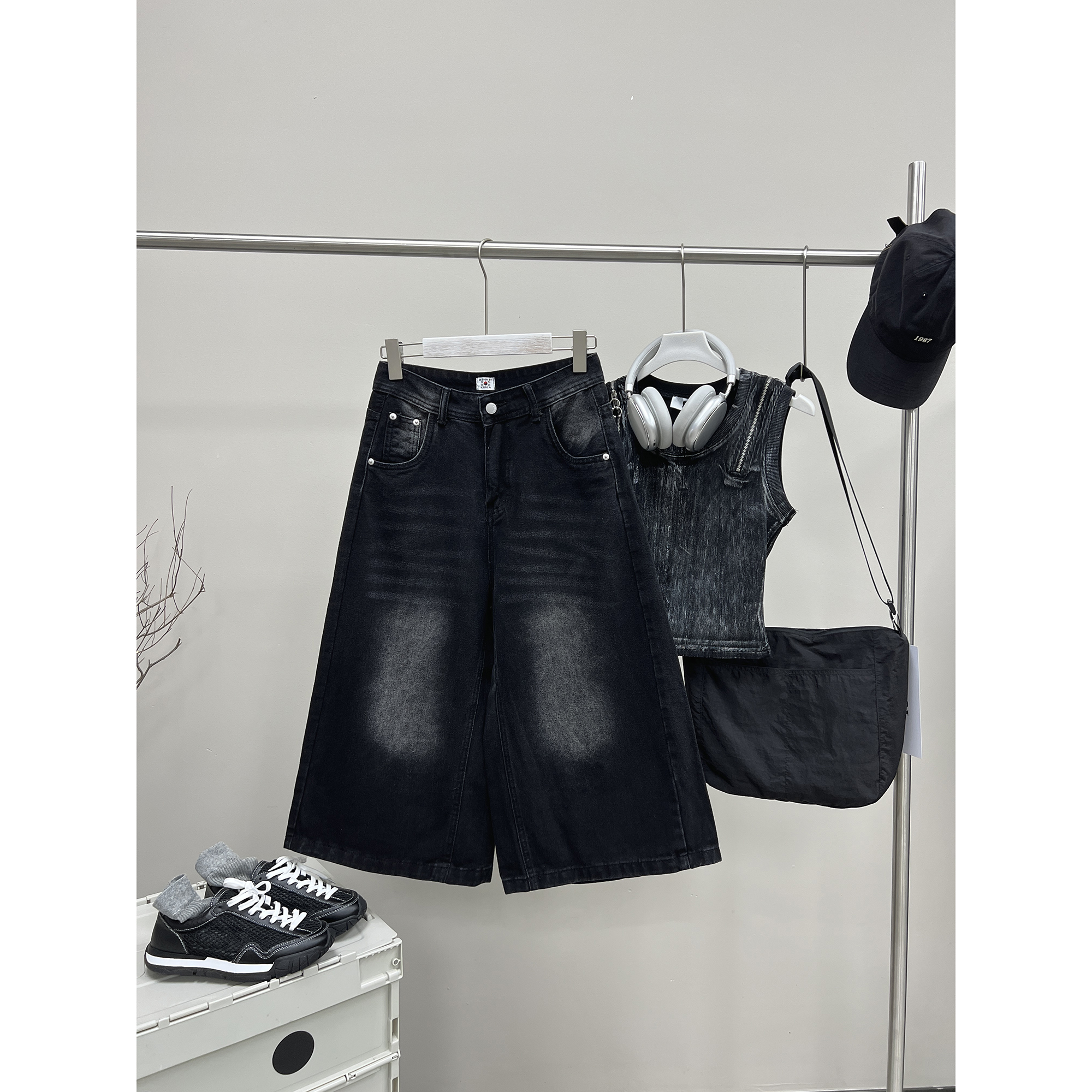 洗水灰阔腿直筒七分牛仔裤K632-2