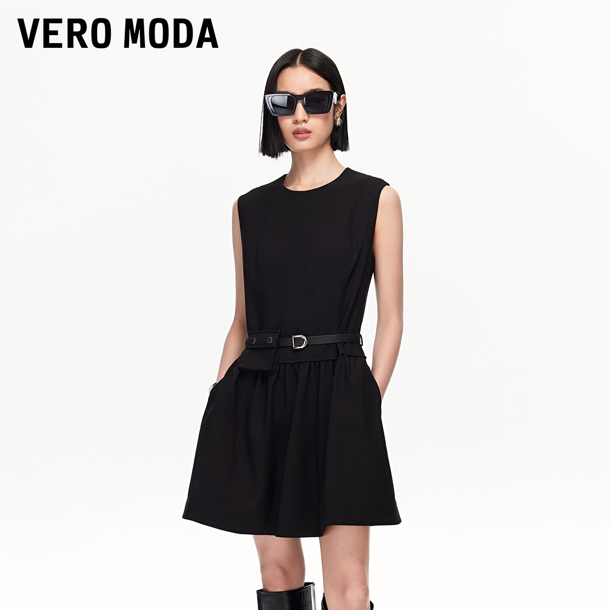 Vero Moda连衣裙2025新款腰带收腰显瘦A摆短裙休闲老钱风松弛感