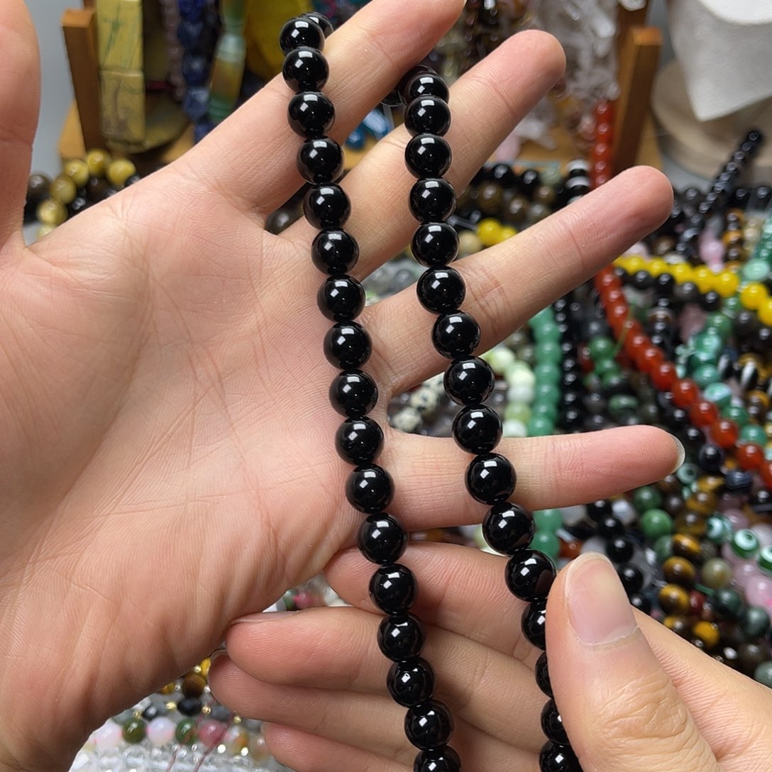 玛瑙/玉髓未镶嵌珠宝半成品卡10黑碧玺圆珠一条