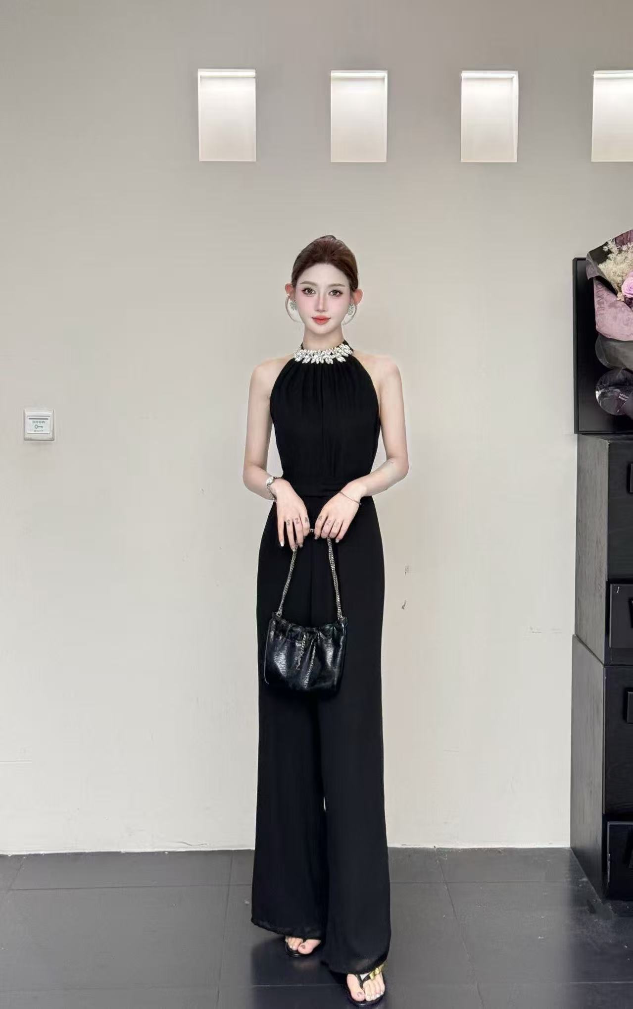 高腰长裤欧若新中式中腰连体裤修身铅笔裤薄款微喇型