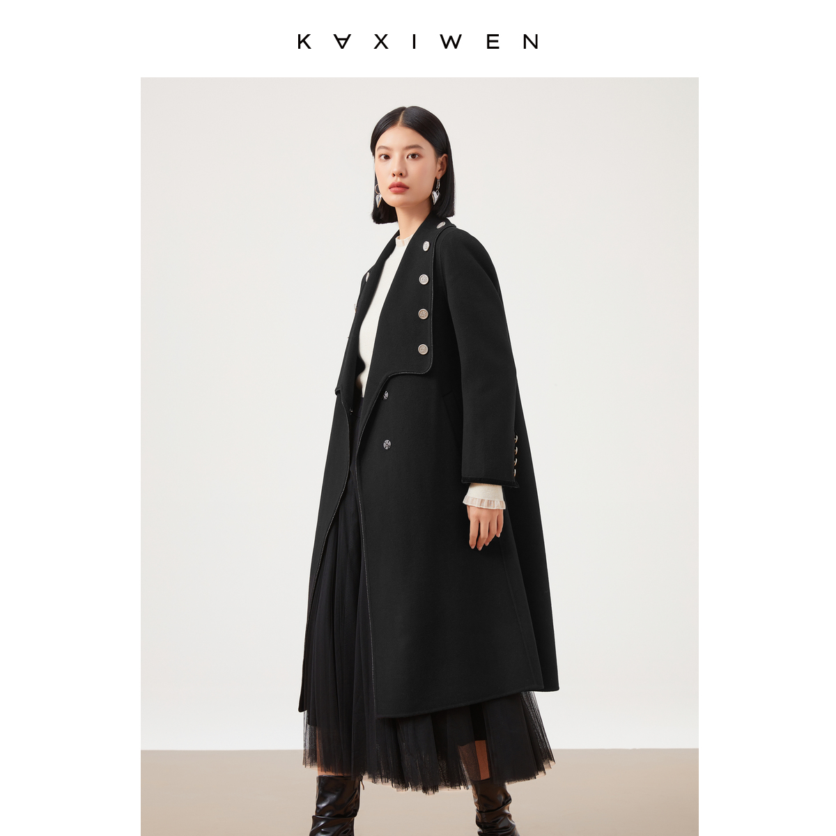 【尚雅专属】赫本风显瘦双排扣绵羊毛大衣毛呢外套X10ADE8715