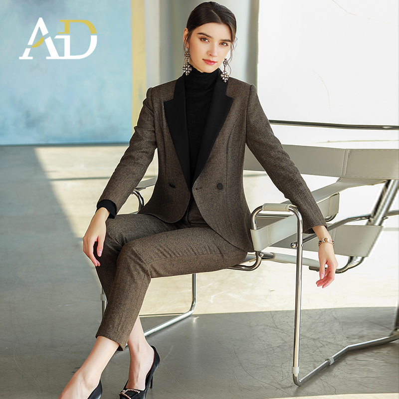 AD加厚毛呢西装秋冬工作服套装女时尚拼色播音主持人正装CP1461