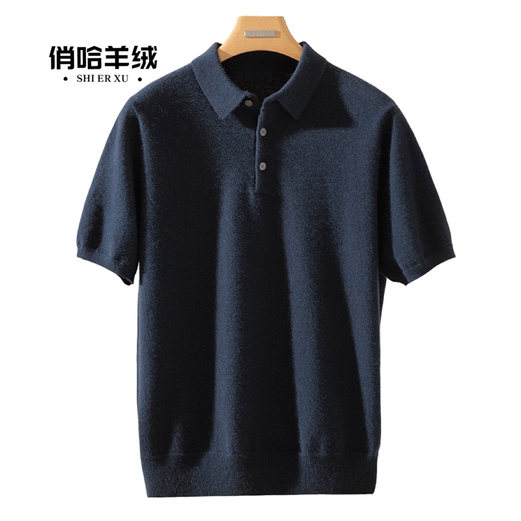 【俏哈羊绒】男士polo领商务短袖简约针织14针翻领T恤100％纯山羊绒