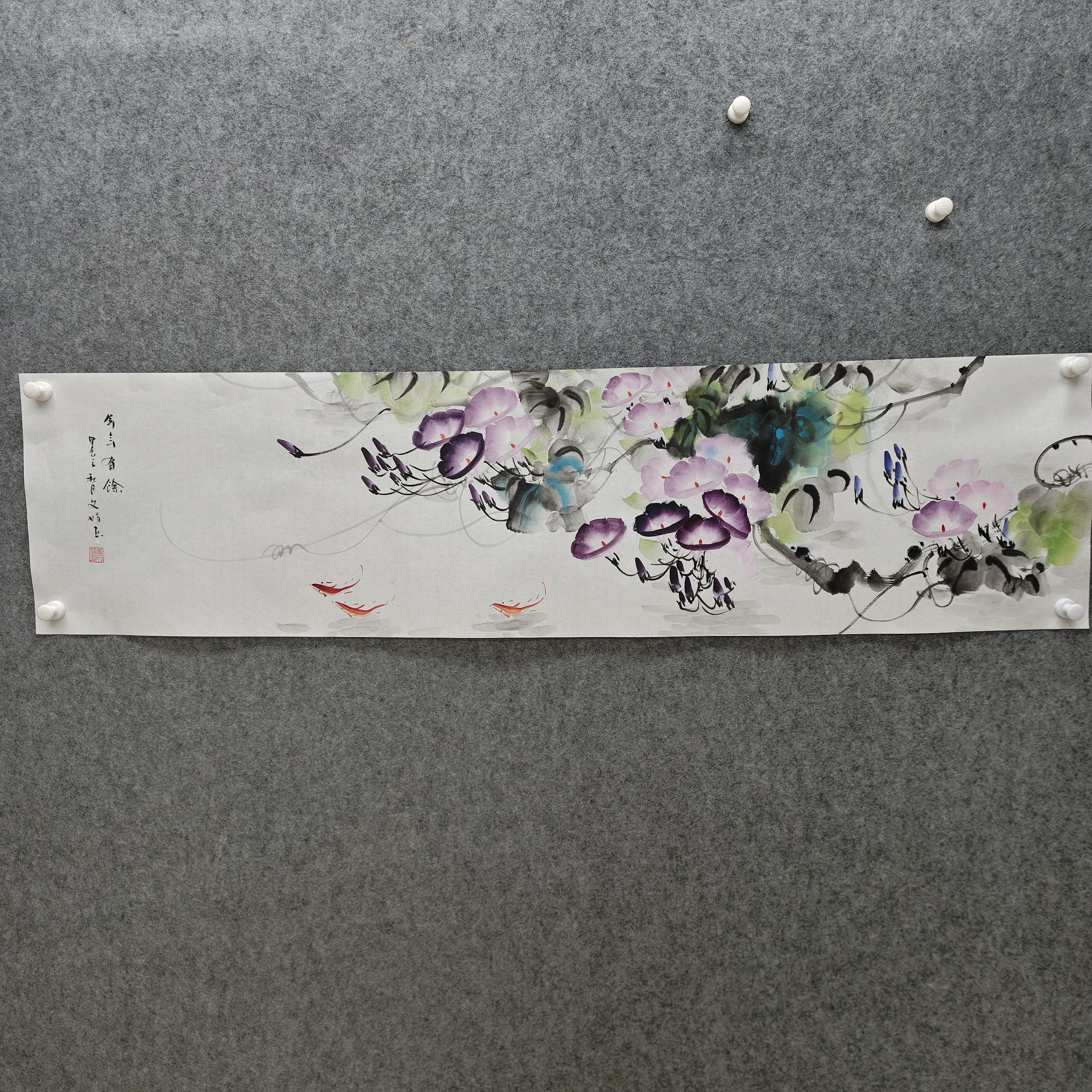 国画手绘四尺对开床头画餐厅画年年有余图尺寸138-35厘米