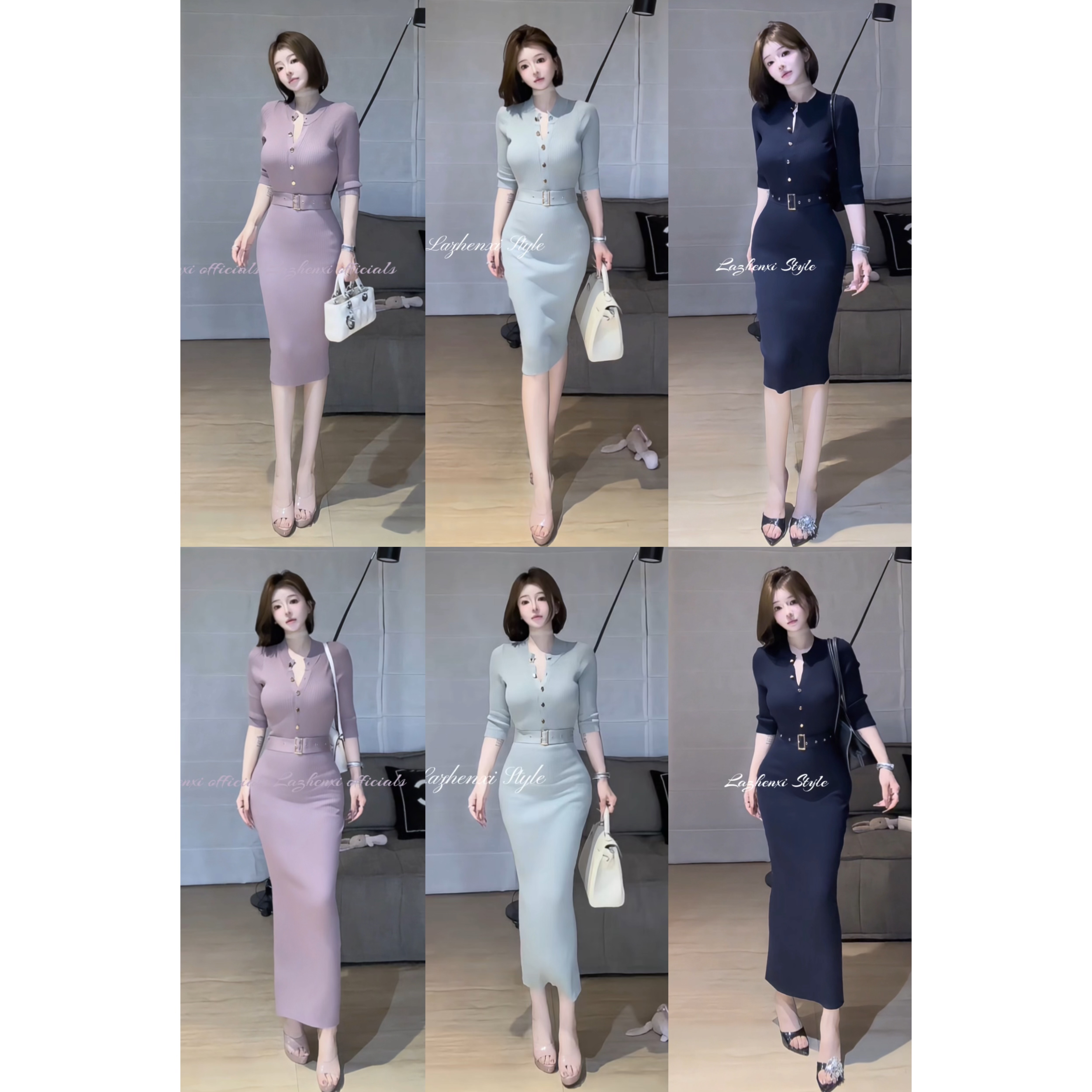 希野逸儿/气质圆领中袖修身单排扣包臀开叉针织连衣裙女秋季新款