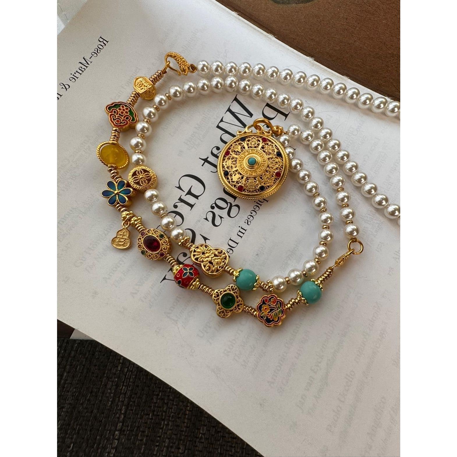 非金属仿珍珠项链 古韵百搭手工时尚复古古法彩色镶嵌项链23010