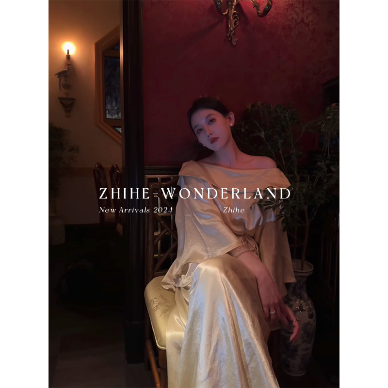 无艳一禾【琉璃香玉】100醋酸原创淡雅矜贵翻边领上衣+阔腿裤