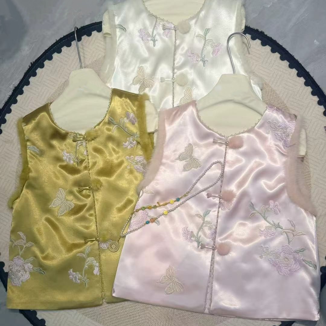 【桃花酿】0203新中式国风重工刺绣织锦提花拼接毛领加棉马甲女秋冬