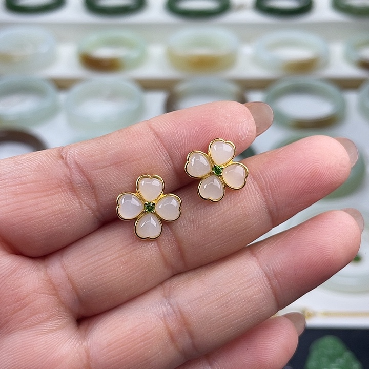 和田玉银S925镶嵌珠宝奇石耳环