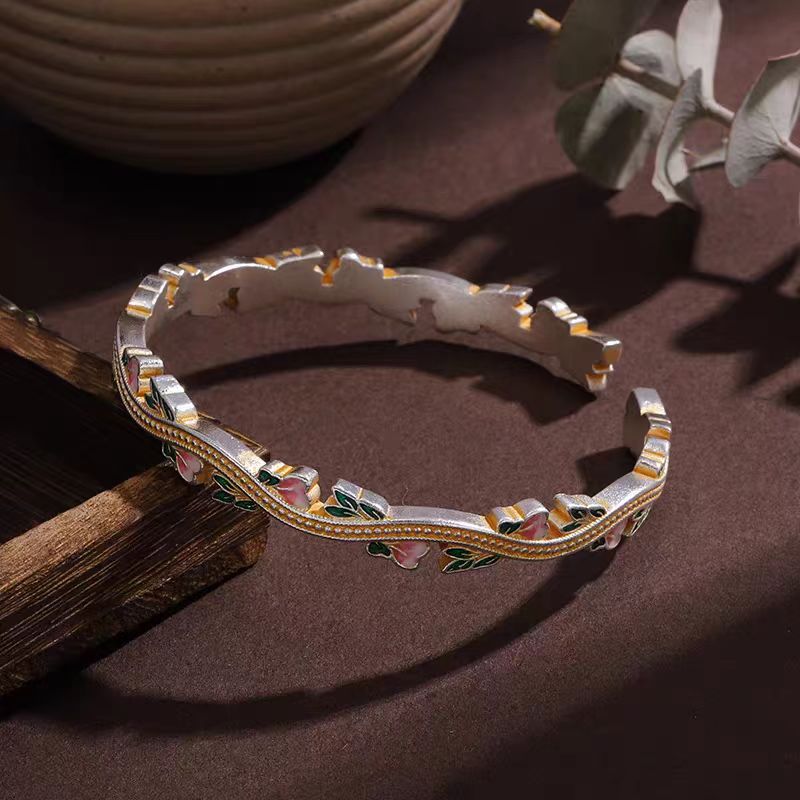 非金属珐琅手镯 999.9  15号  桃花支  开口手镯