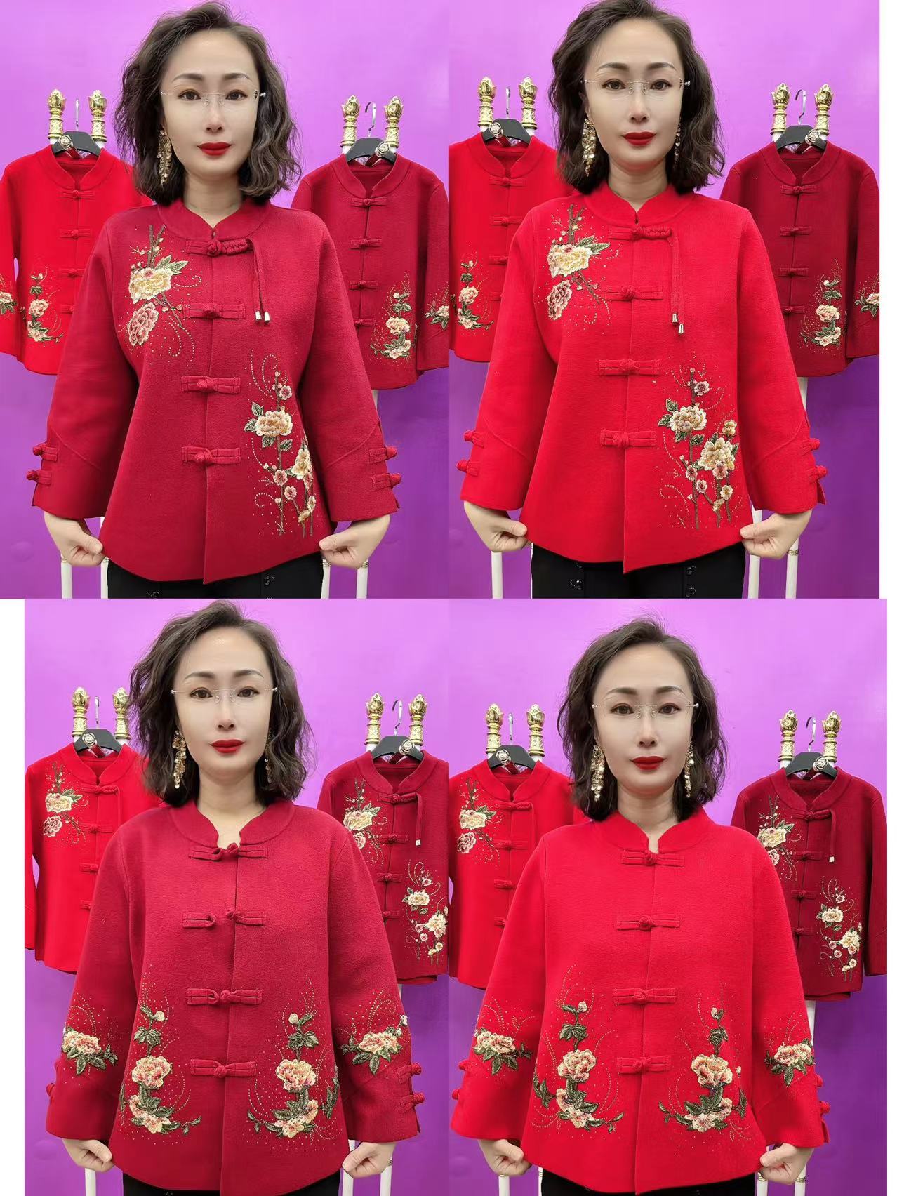 针织盘扣绣花妈妈款外套