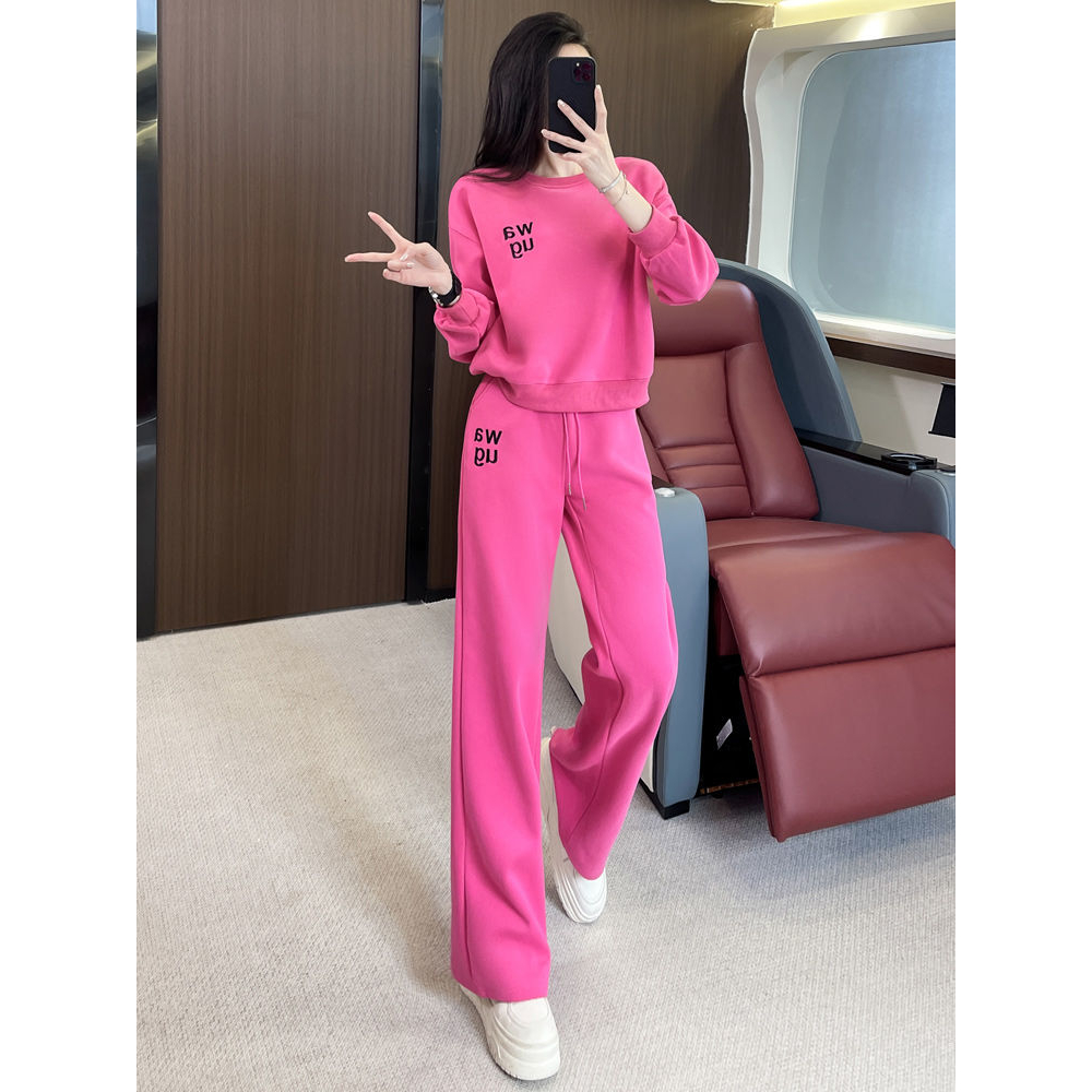 休闲运动套装女2025新款春秋时尚洋气减龄玫红色卫衣阔腿裤两件套