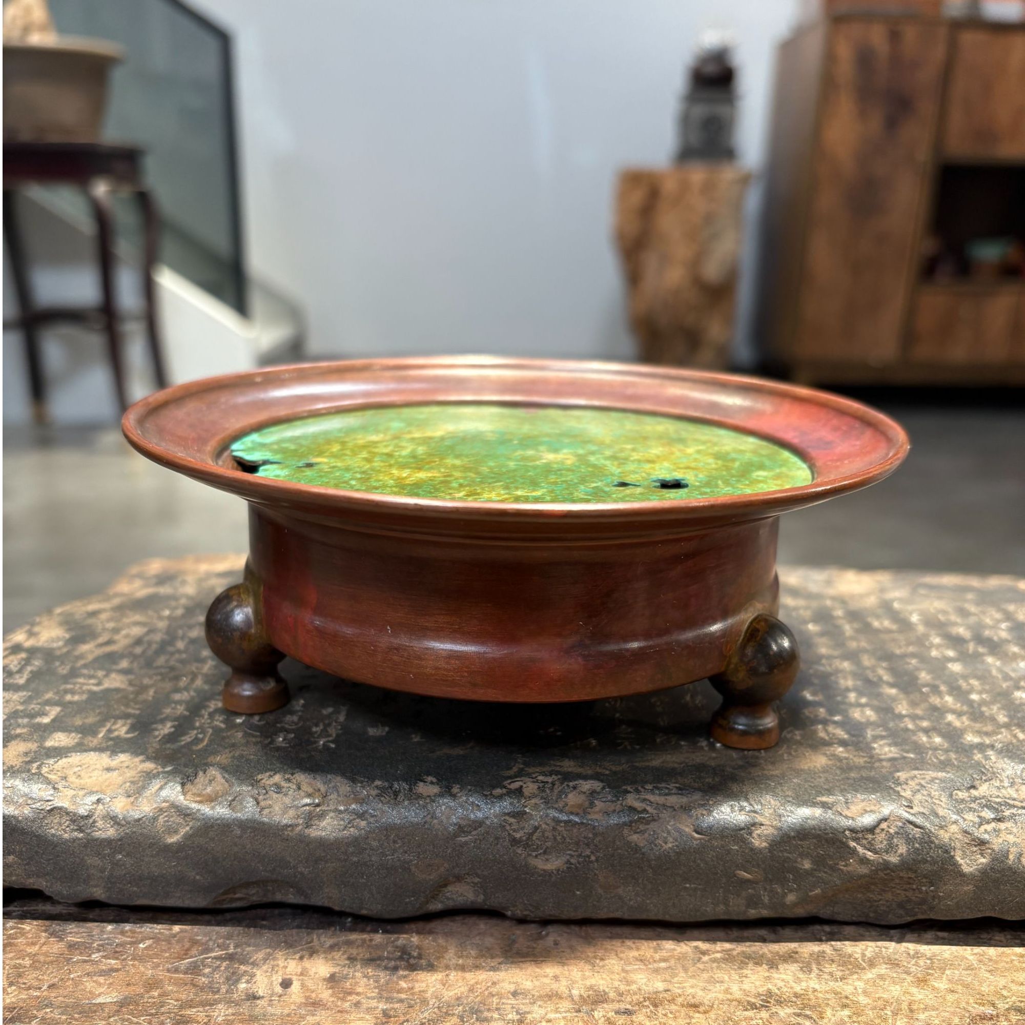 宽窄.绿色紫铜三足做旧蓄水壶承茶道配件