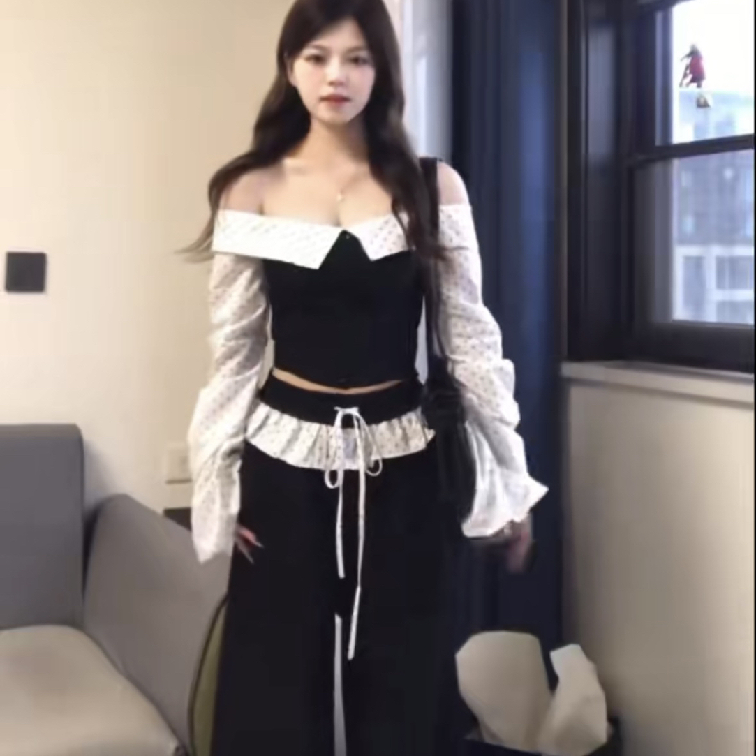 绝美高级感辣妹早秋新款波点一字肩抹胸上衣阔腿裤两件套A5082