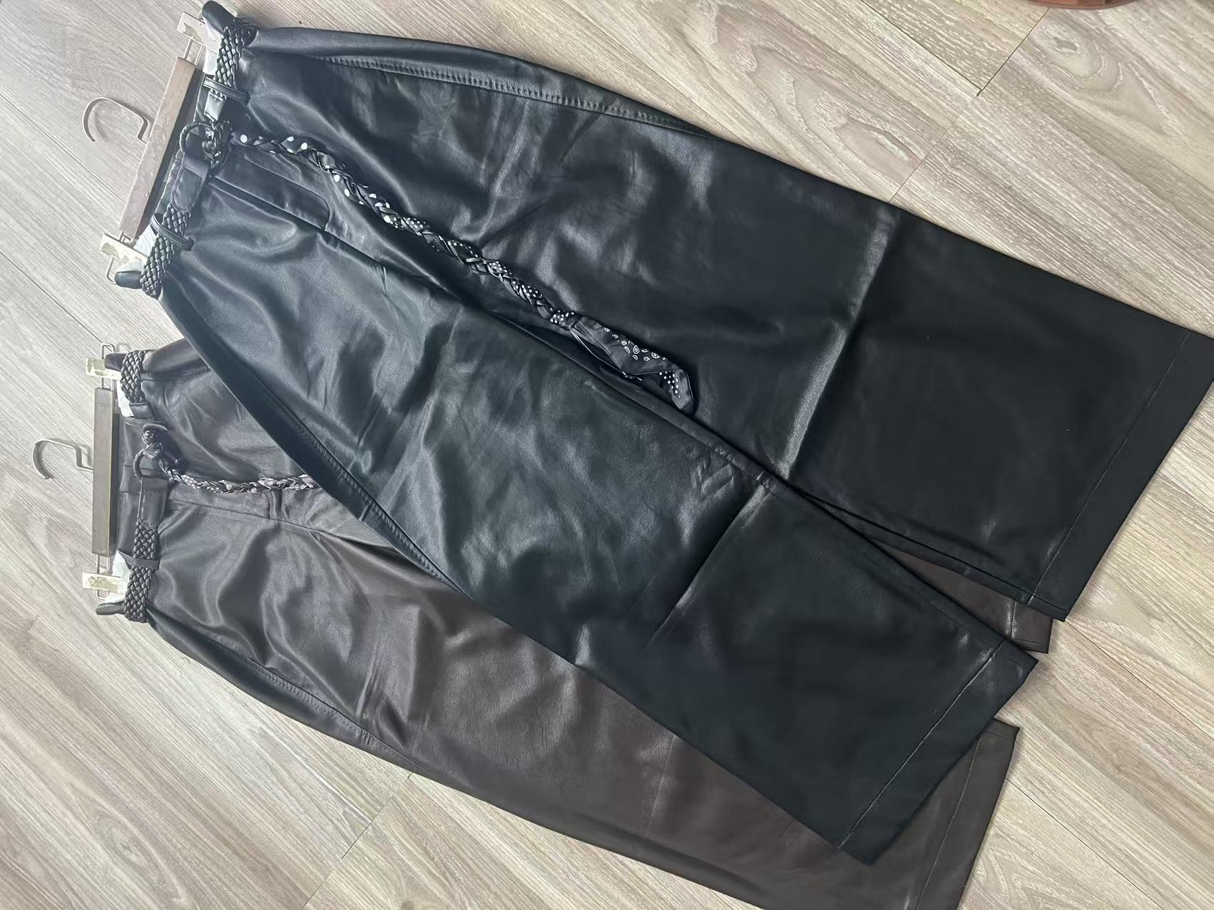 丹宁风高腰直筒秋冬口袋休闲裤水洗腰带厚款新潮风