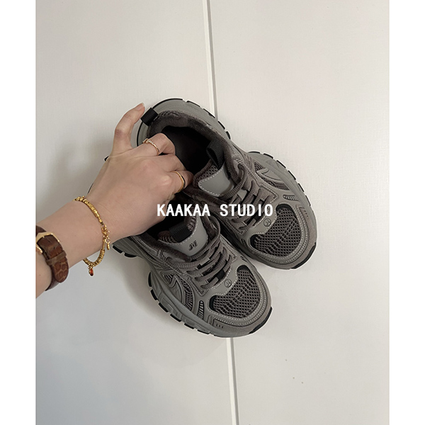 REKAYYAT 冬季新款复古时尚系带网面透气加绒老爹鞋