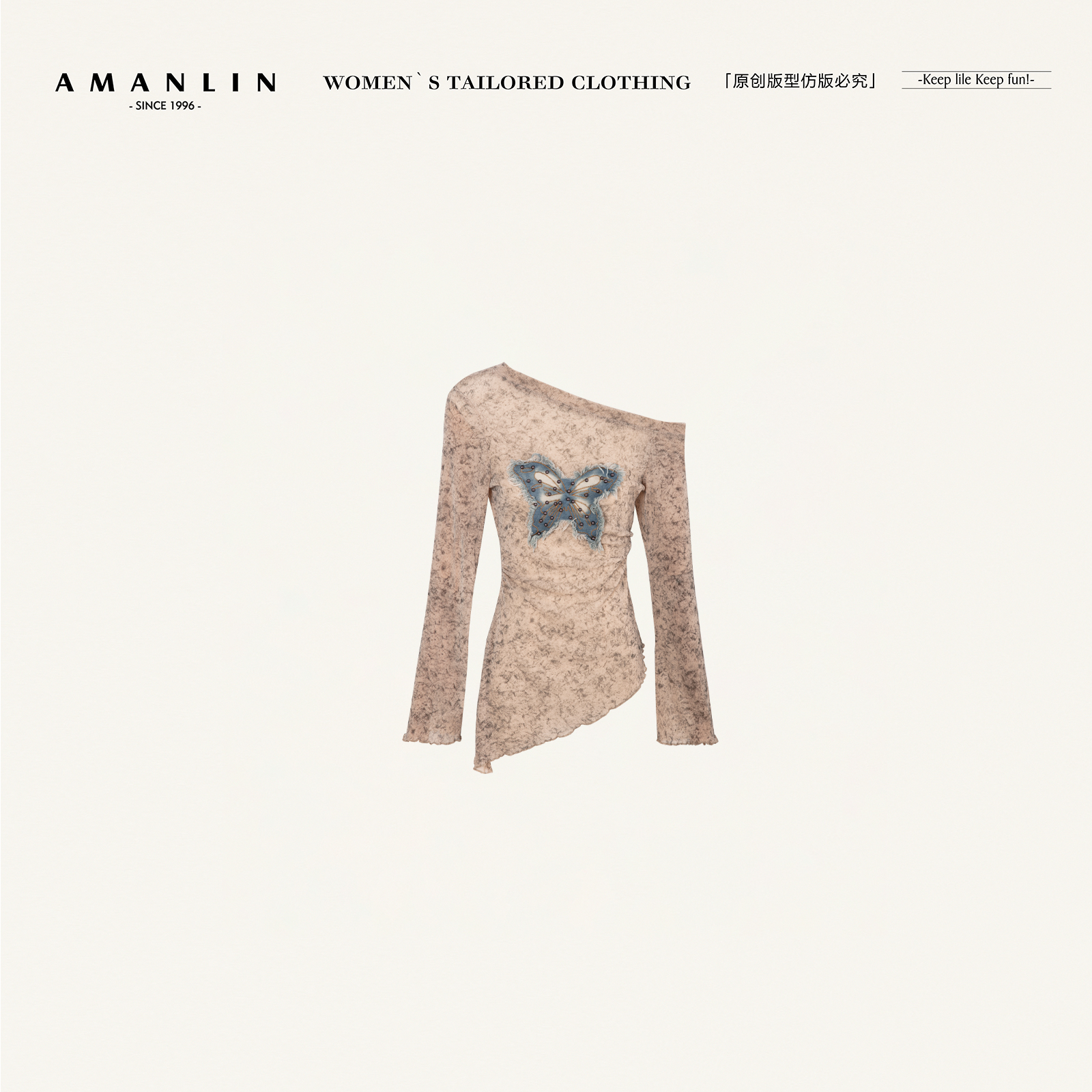 AMANLIN/阿谩琳琥珀流光时尚温柔晕染斜肩修身显瘦上衣Y600711