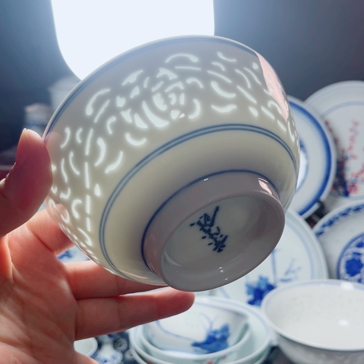 青花玲珑5寸饭碗满雕双福双线 