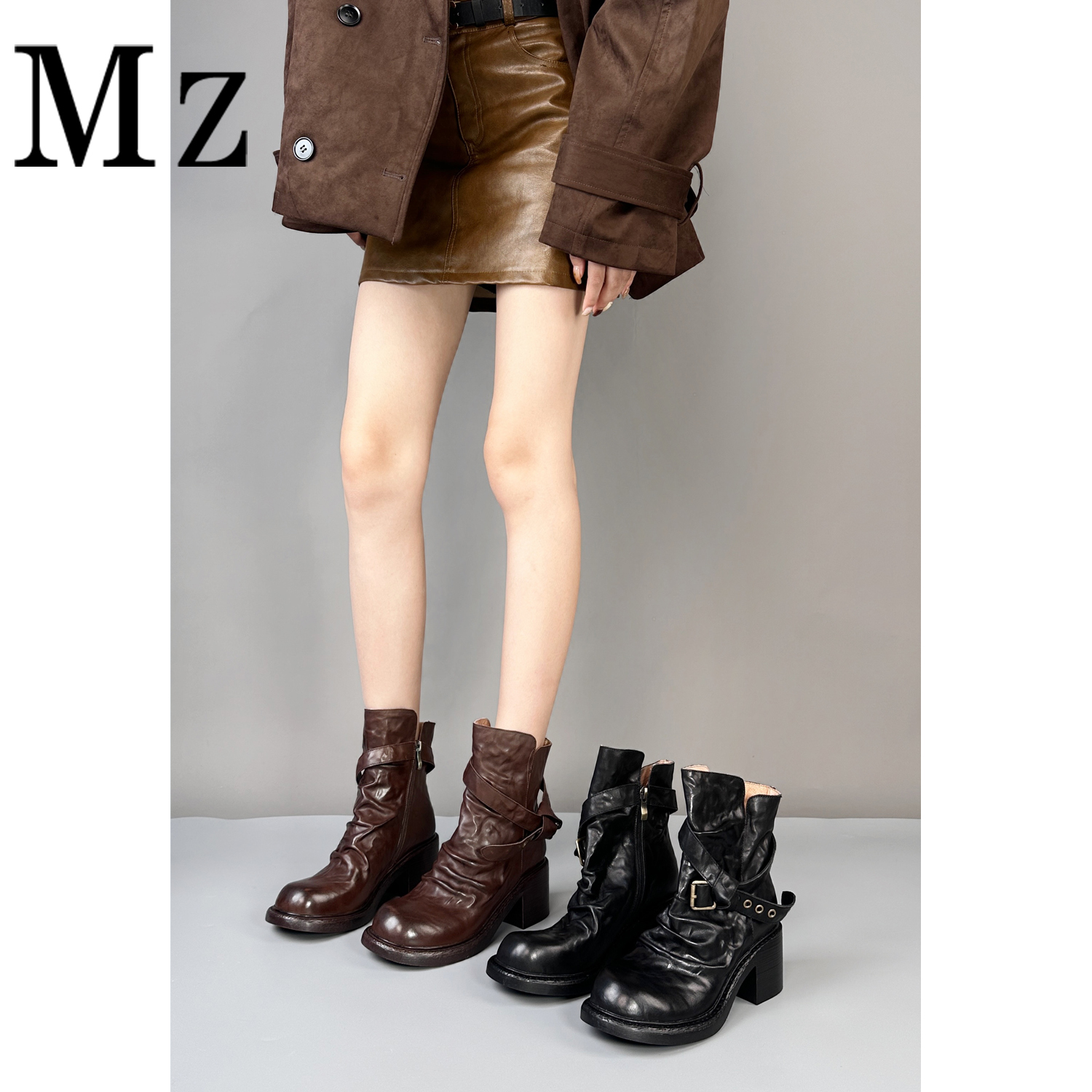 Mr.Zheng/6cm/头层水洗牛皮/复古百搭褶皱短靴皮带扣靴子堆堆靴