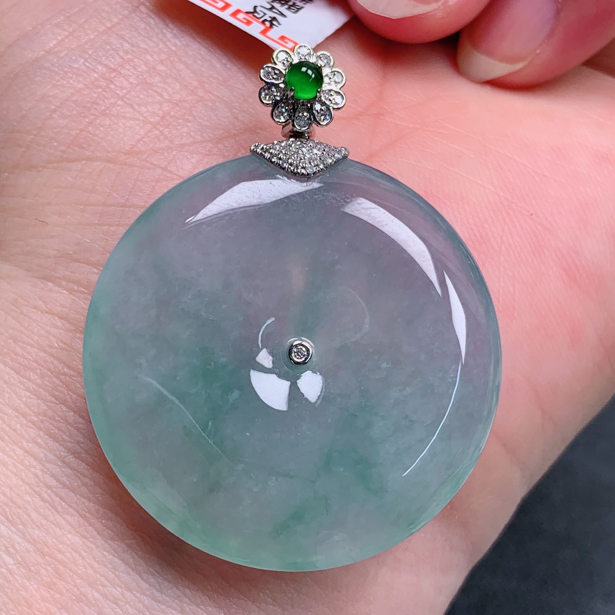 天然缅甸翡翠A货18k冰飘花平安扣气质精美尺寸32.7+6.1  284