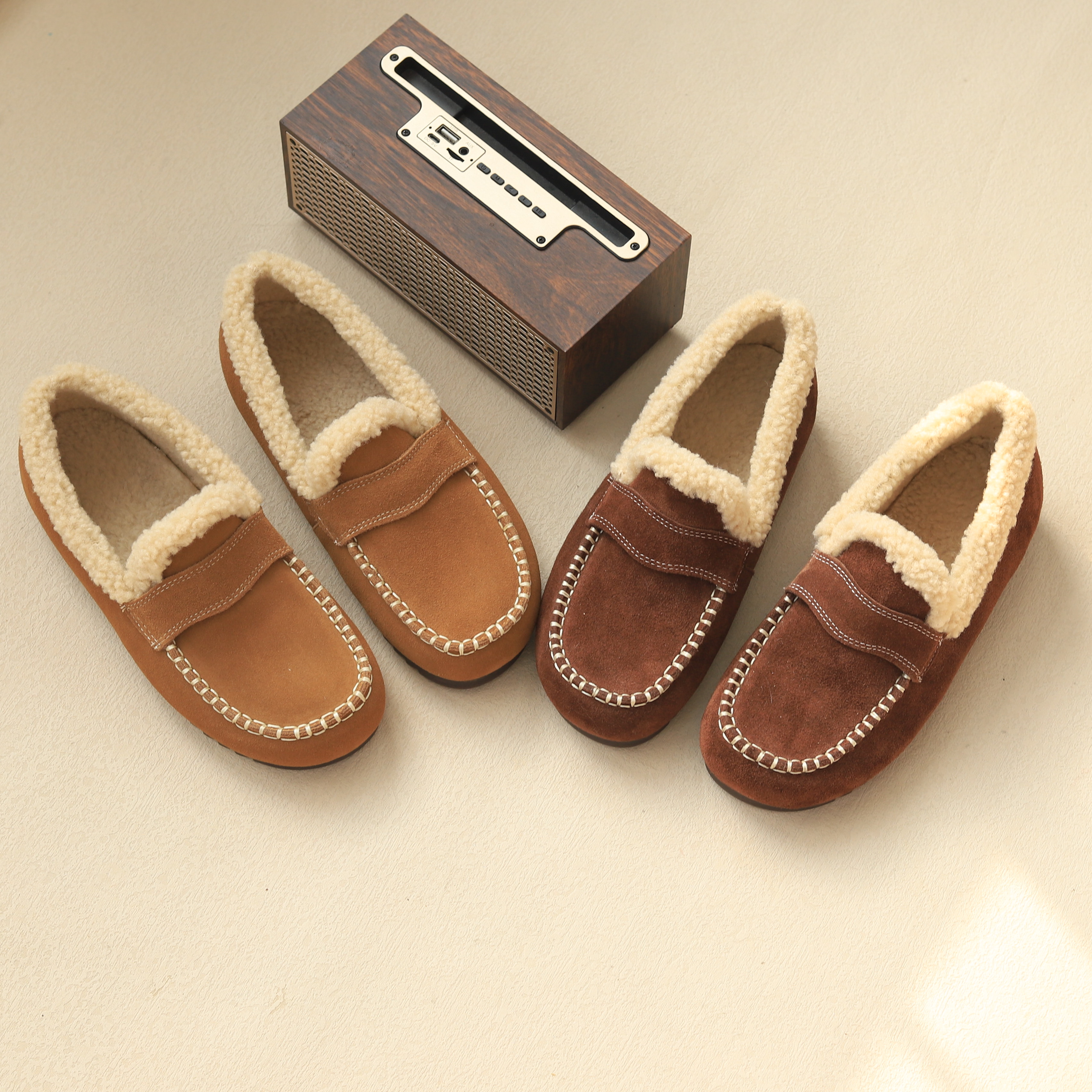 寻程2025羊羔毛女鞋厚款套筒低跟（1-3CM）豆豆鞋加绒乐福鞋妈妈鞋