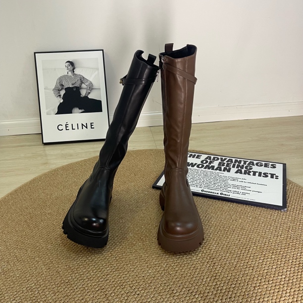 侧拉链圆头高筒骑士英伦百搭过膝高筒长筒靴长靴女靴子女长筒靴