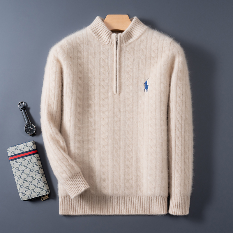 设计感满满~~秋冬新款半高领半拉链麻花羊绒衫男加厚套头纯色打底