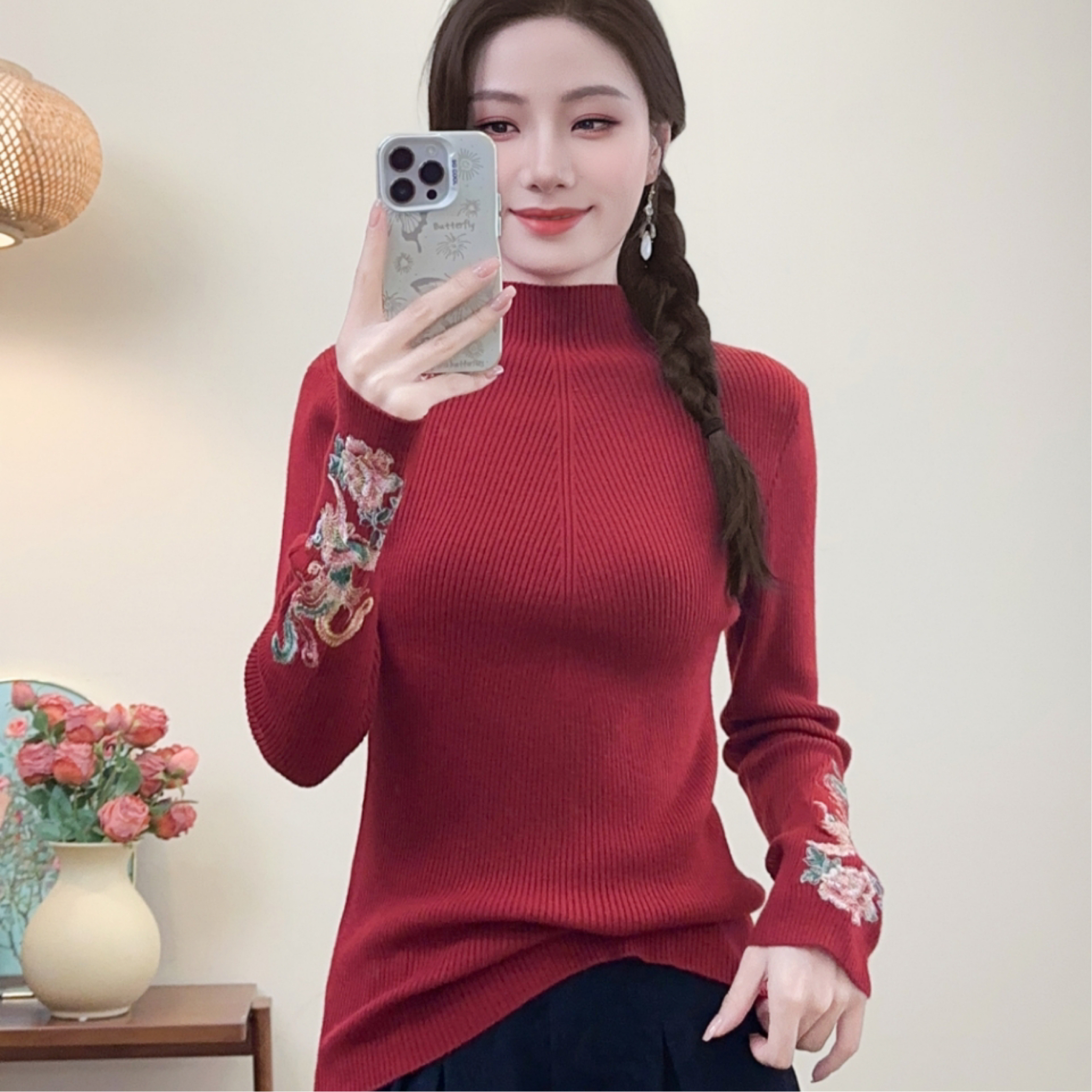 1001秋季新款中式国风袖口刺绣打底衫