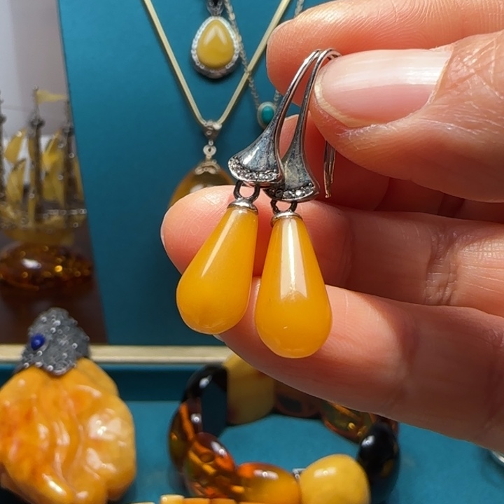 琥珀未镶嵌耳饰波兰设计款琥珀蜜蜡