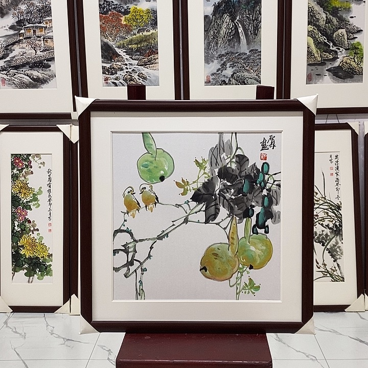 国画手绘作品带框发货65*65